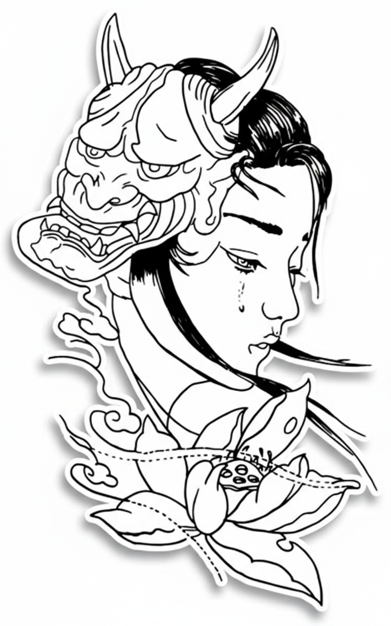 Crying Oni Girl with Lotus